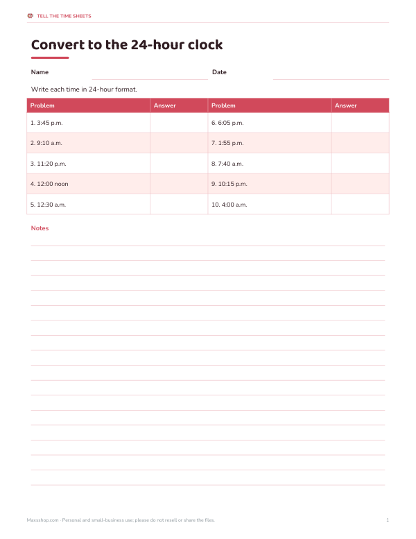 Preview of 24-Hour Time Conversion Worksheet