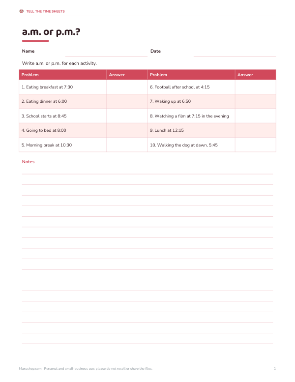 Preview of Printable A.M. and P.M. Worksheet
