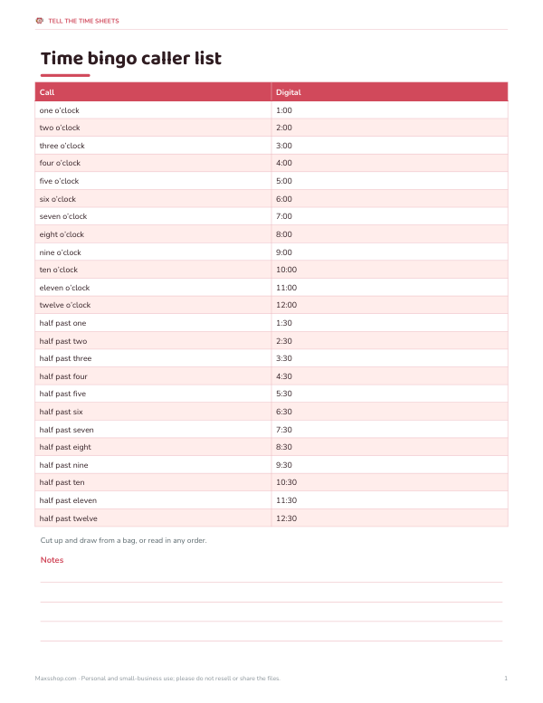 Preview of Printable Time Bingo Caller List