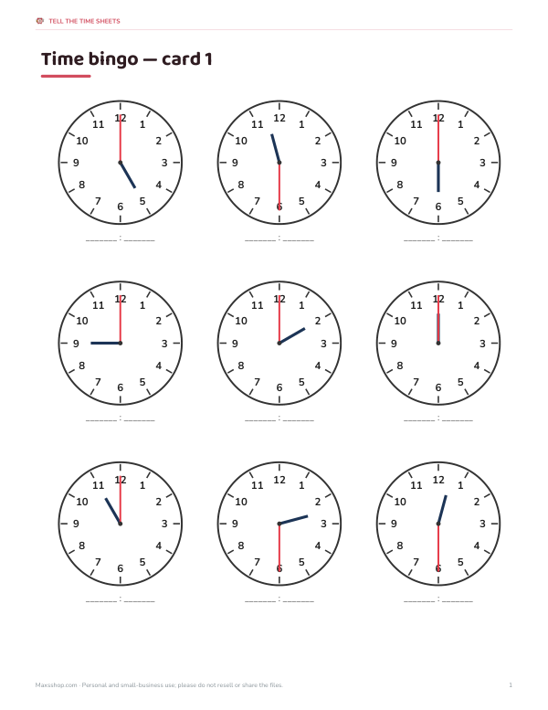Preview of Printable Time Bingo Card 1