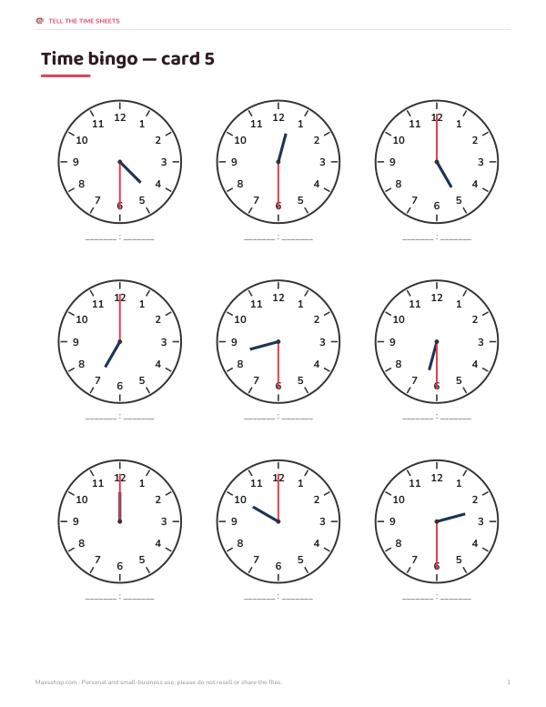 Preview of Printable Time Bingo Card 5