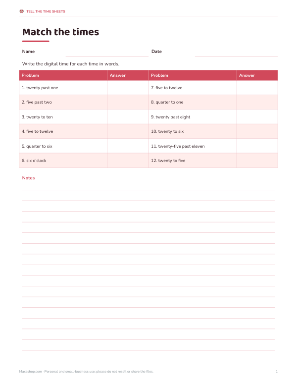 Preview of Printable Digital Time Matching Sheet