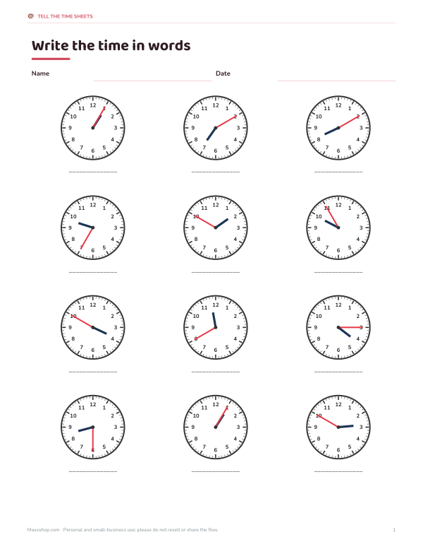 Preview of Time in Words Printable Worksheets