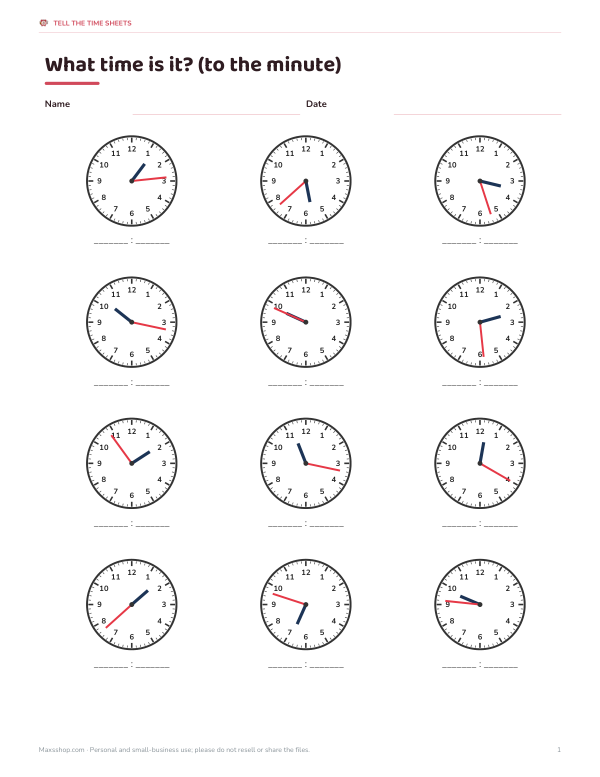 Preview of Printable Tell the Time to the Minute Sheet